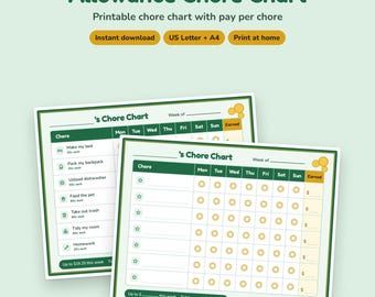 Tabla de tareas imprimible para niños con paga semanal y registro de dinero por tarea.