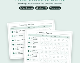 Tabla de rutinas con imágenes imprimible, horario visual de mañana, hora de acostarse y después de la escuela, apto para personas con TDAH.