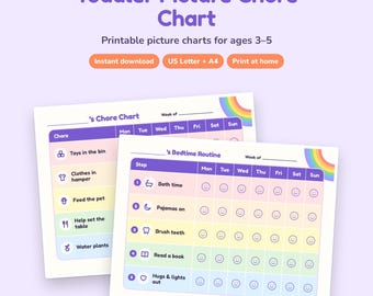 Tabla de tareas para niños pequeños con imágenes, imprimible, rutina visual preescolar para edades de 3 a 5 años, arcoíris