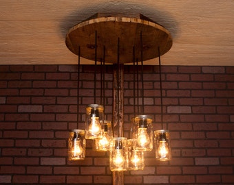 Mason Jar Lights With Reclaimed Wood and 10 Pendants. R-26C-CMJ-10 Handmade