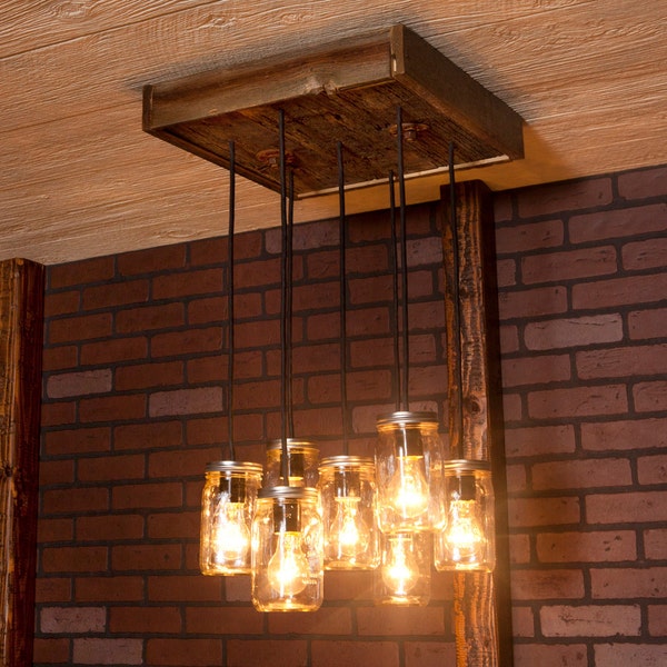 Dining Room Lighting, Mason Jar Chandelier With Reclaimed Wood and 7 Pendants. R-1818-CMJ-7