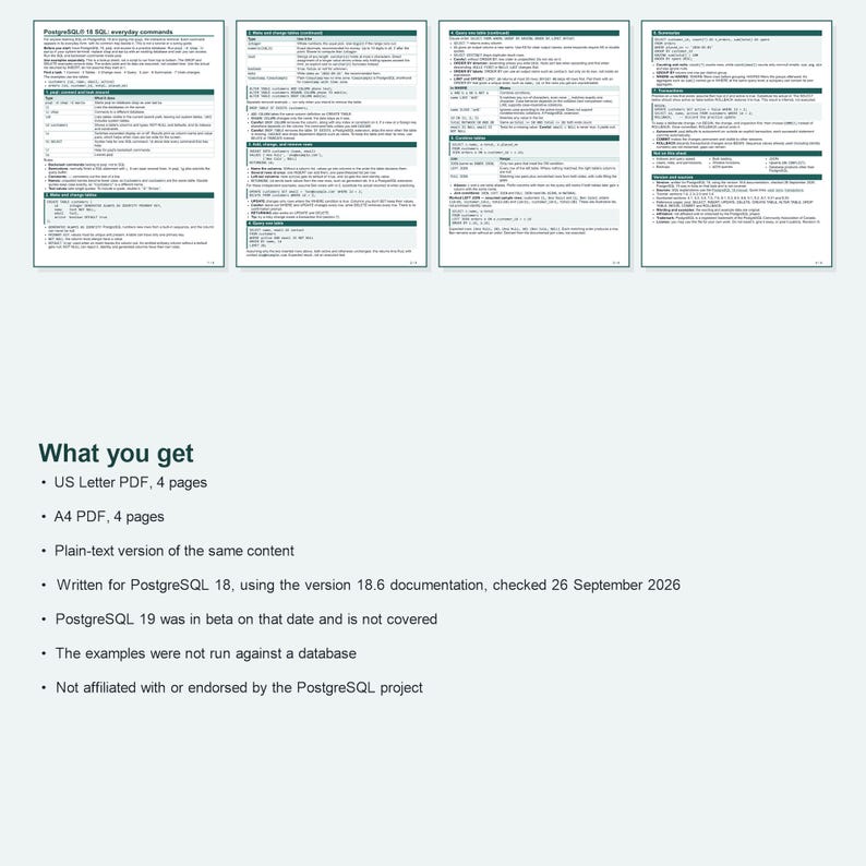 PostgreSQL 18 SQL Cheat Sheet, Everyday Commands for psql, Printable PDF Reference, US Letter and A4 image 4