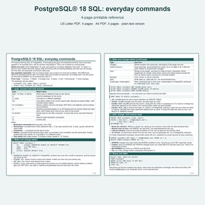 PostgreSQL 18 SQL Cheat Sheet, Everyday Commands for psql, Printable PDF Reference, US Letter and A4