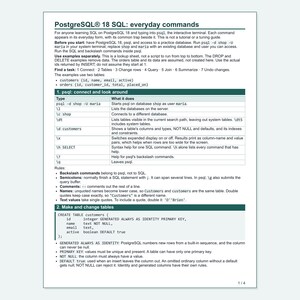 PostgreSQL 18 SQL Cheat Sheet, Everyday Commands for psql, Printable PDF Reference, US Letter and A4 image 2