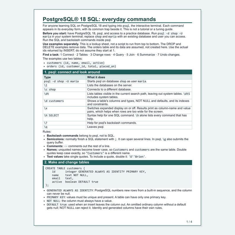 PostgreSQL 18 SQL Cheat Sheet, Everyday Commands for psql, Printable PDF Reference, US Letter and A4 image 2