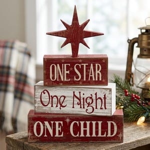 Christmas Nativity Table Decor 4 Pcs, Bethlehem Star Rustic Wood Sign, Nativity Tiered Tray Decor, Red Holiday Centerpiece Shelf Display