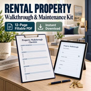 May include: A rental property walkthrough and maintenance kit featuring a 12-page fillable PDF instant download. The set includes a clipboard with a property walkthrough checklist, a tablet displaying a digital form, a pen, and a set of keys.