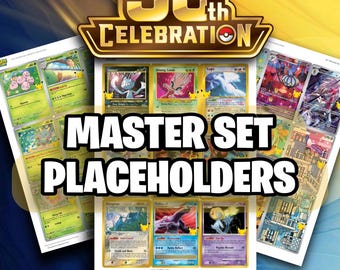 Op de afbeelding: Een Pokémon 30th Celebration Master Set placeholder-blad met diverse illustraties van ruilkaarten. De afbeelding bevat de tekst Pokémon Trading Card Game, Sleeve It Up, 30th Celebration, Master Set Placeholders, Colour, Black & White, Size Accurate en Up To Date.