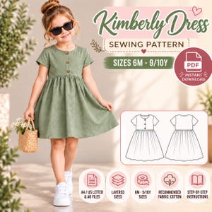 Può includere: Un cartamodello per l'abito Kimberly, disponibile nelle taglie da 6M a 9/10Y. Il PDF digitale include istruzioni passo dopo passo, taglie a livelli ed è compatibile con carta A4 e US Letter. Abito a maniche corte con bottoni sul davanti.