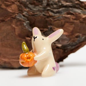 Peut inclure: Une petite figurine de lapin en céramique couleur crème avec de longues oreilles, tenant une citrouille orange miniature avec une tige verte. Le lapin présente un petit cœur violet sur la hanche et une queue rose, avec des yeux et un nez peints en noir.