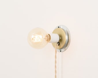 Wall Sconce with Porcelain Socket | Brushed Brass Cover & Galvanized Steel Backplate (Plug-In)