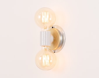 Wall Sconce with Double Porcelain Socket | Brushed Brass Cover & Galvanized Steel Backplate (Hardwire)