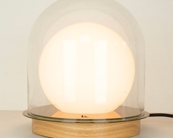 Table Lamp w/ Glass Dome, Frosted Shade & Solid Wood Base | Modern Desk Light w/ Cloth Cord, Touch Dimmer (Dark Olive)