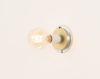 Wall Sconce with Porcelain Socket | Brushed Brass Cover & Galvanized Steel Backplate (Hardwire)