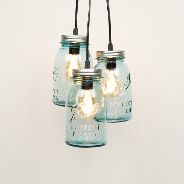 Mason Jar Chandelier - 3 Vintage Quart Jars (Aqua)