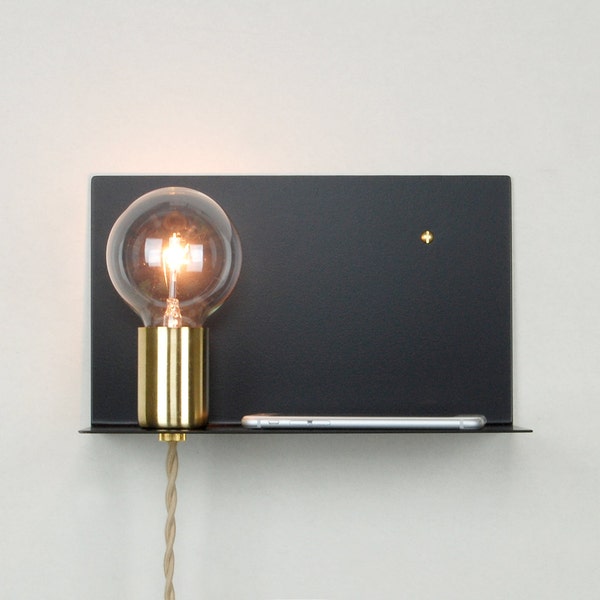 Plug-in Wall Sconce Shelf with Socket Cup & Steel Backplate - 8' Twisted Cloth Cord