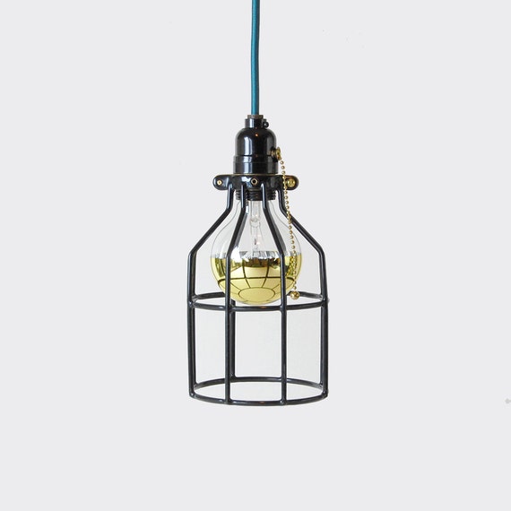 Pendant Light W Open Wire Cage Shade Black Pull Chain Socket W Cloth Cord Plug