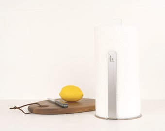 Modern Paper Towel Holder | Standing Paper Towel Dispenser w/ Custom Steel Design & Protective Cork Base (Satin Nickel)