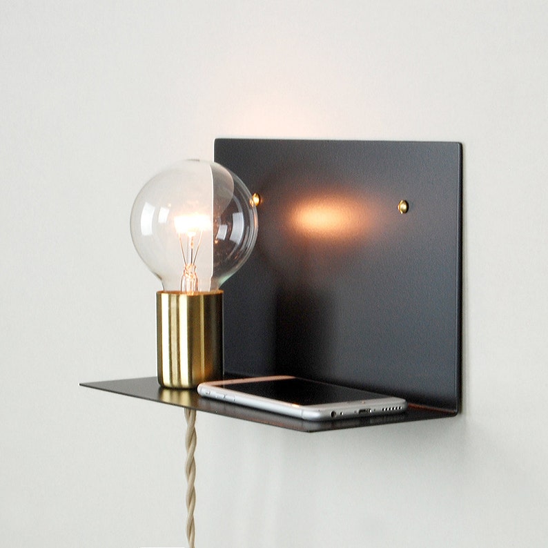 Plugin Wall Sconce Shelf With Socket Cup & Steel Backplate Etsy