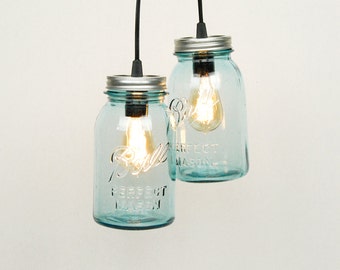 Mason Jar Chandelier - 2 Vintage Quart Jars (Aqua)