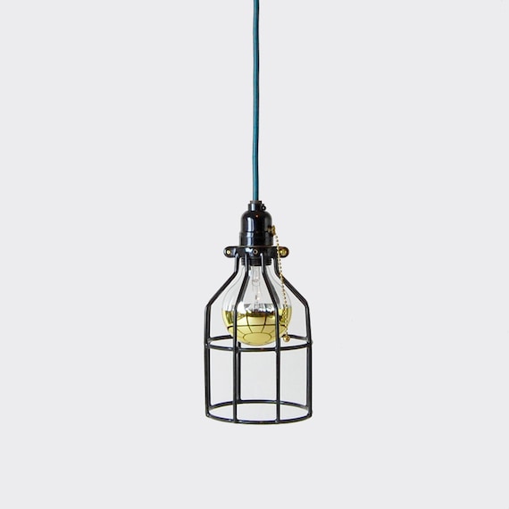 Pendant Light W Open Wire Cage Shade Black Pull Chain Socket W Cloth Cord Plug