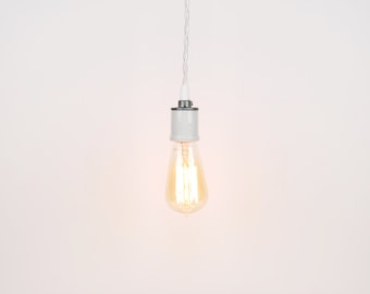 Bare Bulb Pendant Light - White Porcelain Socket w/ Twisted Cloth Cord