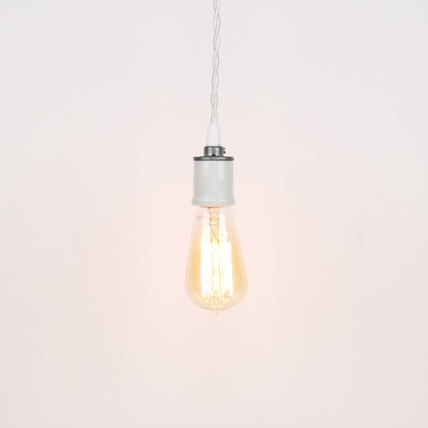 Bare Bulb Pendant Light - White Porcelain Socket w/ Twisted Cloth Cord