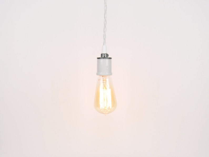 Bare Bulb Pendant Light White Porcelain Socket w/ Twisted Cloth Cord image 1