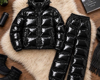 Zwarte glanzende pufferjas en -broek set | Glanzende gewatteerde winteroutfit | Bijpassend puffer trainingspak | Streetwear voor koud weer