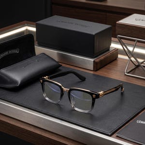 May include: Black and clear gradient spectacles featuring gold-tone metal accents on the bridge and temples, with small decorative emblems at the hinges. The glasses are accompanied by a black leather-textured protective case with a logo.