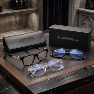 May include: Three pairs of Chrome Hearts eyeglasses with blue light lenses. One pair has black frames with gold-toned ornate temples, one has black frames with silver-toned temples, and one has clear frames. Includes a black leather case and box.
