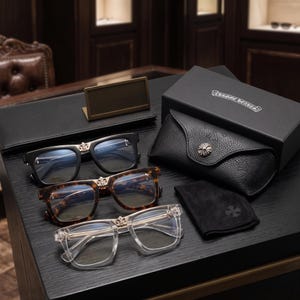 Puede incluir: Tres pares de gafas con detalles metálicos plateados en el puente, con monturas negras, de carey y transparentes. Se incluyen un estuche de cuero negro con un botón plateado, una caja negra con el texto Chrome Hearts y un paño negro.