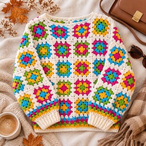 Może przedstawiać: Sweter z długim rękawem wykonany z kremowej włóczki z powtarzającym się wzorem kwadratów typu granny square. Każdy kwadrat składa się z żywej, wielokolorowej włóczki w odcieniach jaskrawego różu, żółci, limonki i błękitu.