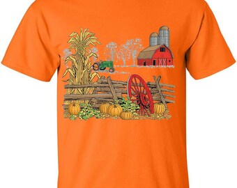 Harvest Season T-shirt Autumn Fall Farm Scene Halloween Theme Mens