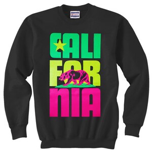 May include: Black sweatshirt with a graphic print of the words "CALI FOR NIA" in green, yellow, and pink. A star and a bear are also included in the design.