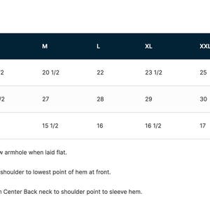 May include: Product measurements chart showing bust, body length, and sleeve length in inches for sizes XS to 4XL. The chart provides measurements for each size, with bust from 18 1/2 to 29 inches, body length from 26 to 31 inches, and sleeve length from 14 1/2 to 17 1/2 inches.