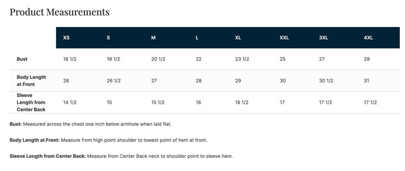 May include: Product measurements chart showing bust, body length, and sleeve length in inches for sizes XS to 4XL. The chart provides measurements for each size, with bust from 18 1/2 to 29 inches, body length from 26 to 31 inches, and sleeve length from 14 1/2 to 17 1/2 inches.