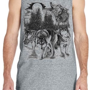 Wolves Portrait with Moon Tank Top T-Shirt , Wildlife Wolf Pack Indian Native American,Wolf Lover Gift Tank Top, Gift for Him , Father-day