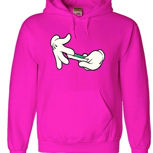 May include: A pink hooded sweatshirt featuring a cartoon image of two white gloved hands rolling a green joint.