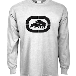 May include: A long-sleeved, light gray t-shirt with a black rhinoceros silhouette graphic. The graphic features two rhinoceroses in a mating position, surrounded by a black circle.