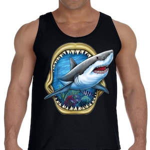Shark Monster Scary Funny Humor Tank Top  Men Graphic Shark themed Birthday Party Angry Shark Gift for Him Fathers day Ocean