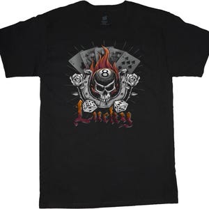 Camiseta com caveira e 8 bolas da sorte, camiseta para o dia dos pais, camiseta divertida para jogos de azar, camiseta para amantes de cartas