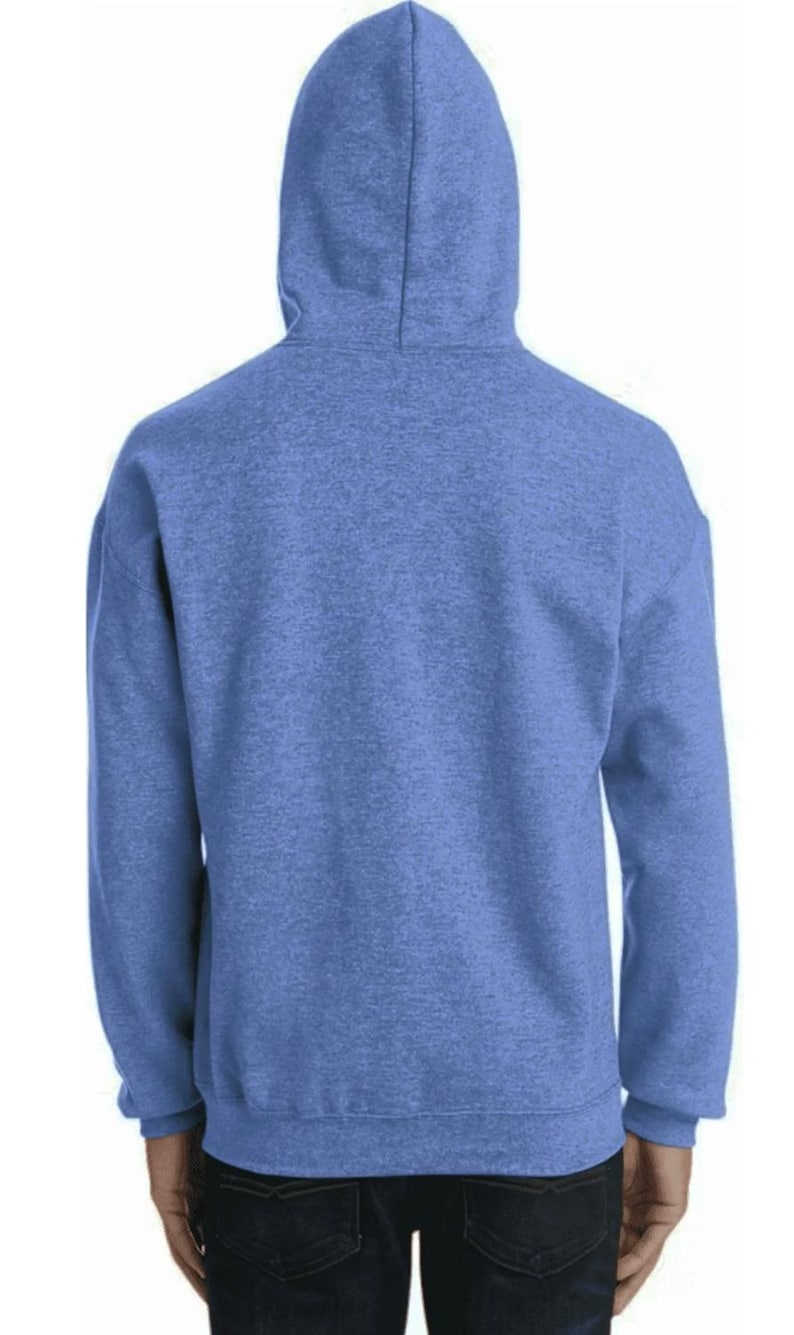 May include: A light blue hooded sweatshirt, seen from the rear. The hoodie has a drawstring hood and long sleeves. The fabric has a textured look. The person is wearing dark blue jeans.