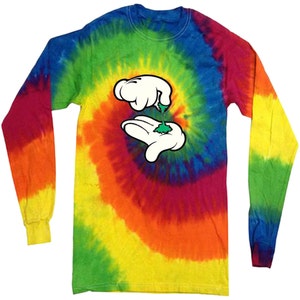 May include: A long-sleeved tie-dye shirt with a rainbow swirl pattern. The shirt features a cartoon image of two white gloved hands holding a green marijuana bud.
