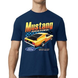 Ford Mustang Horse Power Retro Vintage Car Lover Fathers day Gift Graphic Mopar Navy blue T-Shirt Short Sleeve Tee Ford T -Shirt Racing