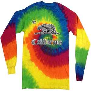 California tie dye shirt for men long sleeve tee cali bear flag