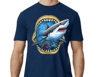 Shark Design  Novelty Graphic Design  Navy blue T-Shirt Short Sleeve Tee Shark Lover Vacation Ocean T-Shirt Beach Trip Ocean Life Fun Shirt