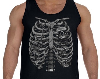 Mens Tank Top Sleeveless Muscle Tee Rib Cage Skulls