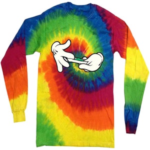 May include: A long-sleeved tie-dye shirt with a rainbow swirl pattern. The shirt features a cartoon image of two hands rolling a joint.