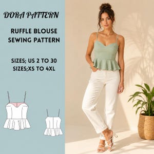 Ruffle Blouse Sewing Pattern, Sleeveless Women's Top (Digital Download)